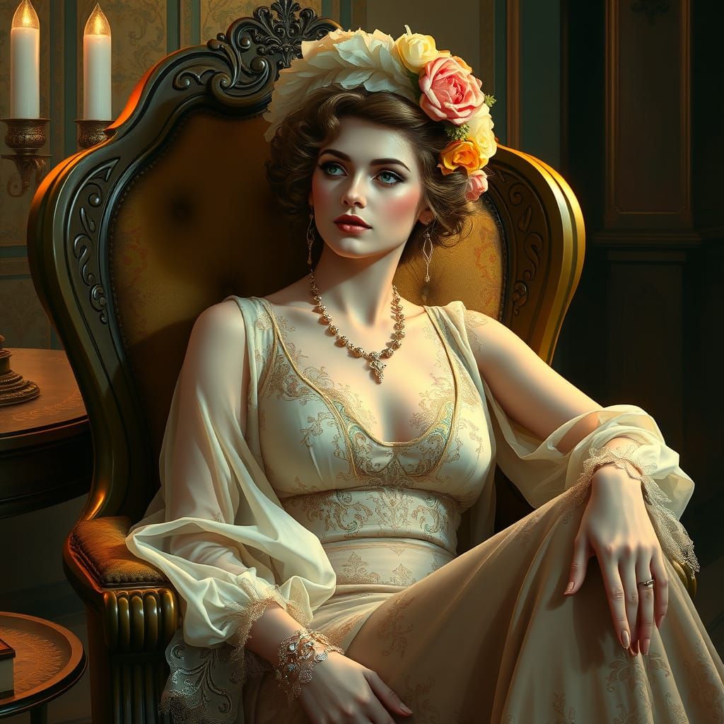 Elegant Woman in Vintage Chair, Art Nouveau Style