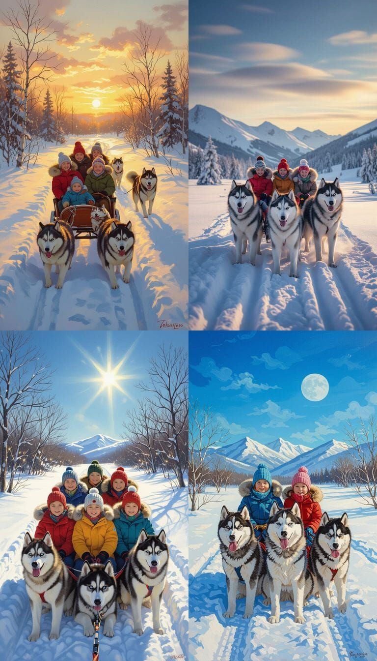 Children on Sled Pulled by Huskies in Snowy Landscape
