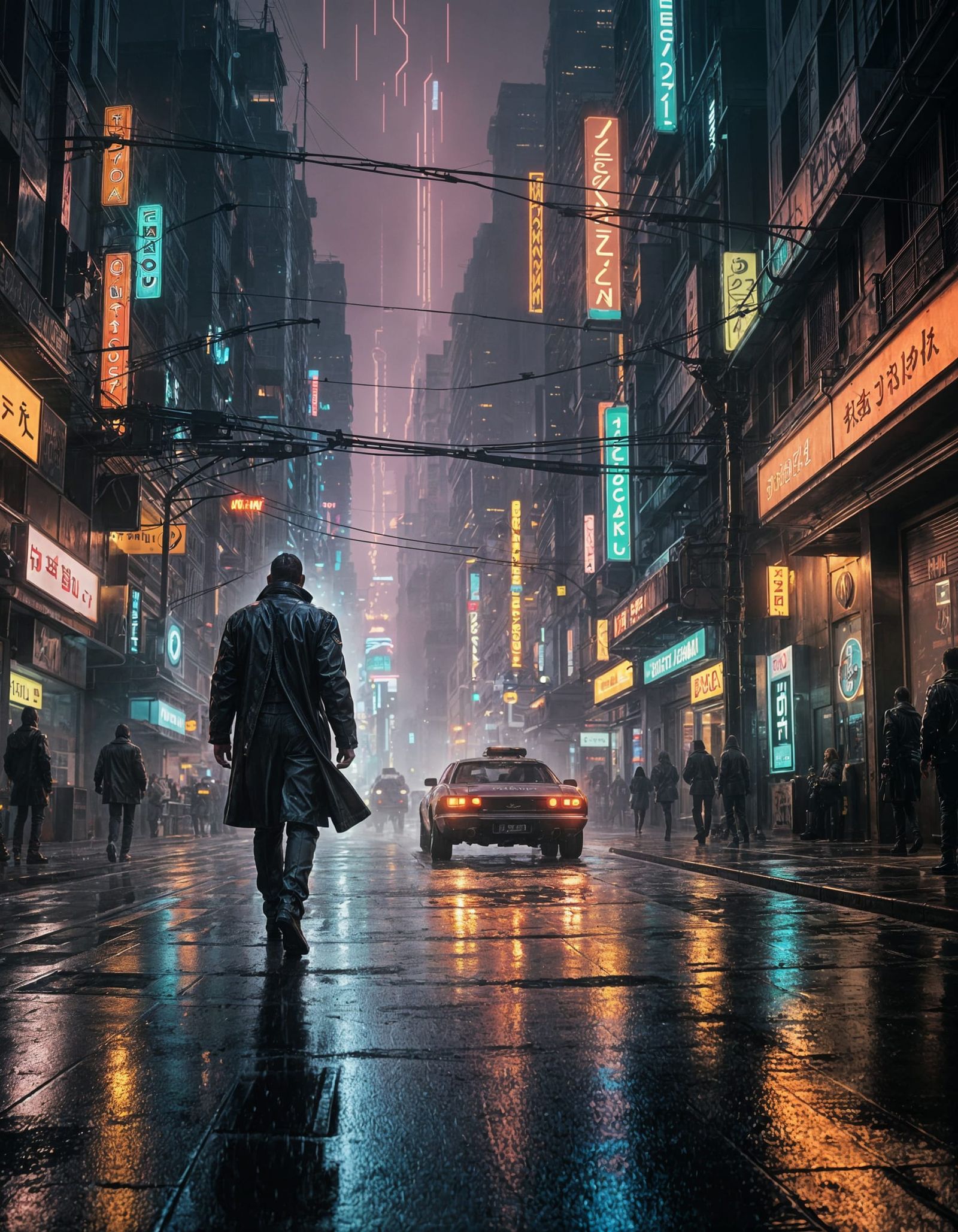 Retro-Futuristic Cityscape: Rick Deckard in the Rain