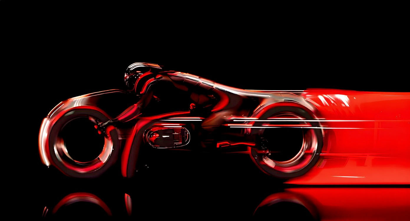 Red Lightcycle Speeding Through Digital Landscape