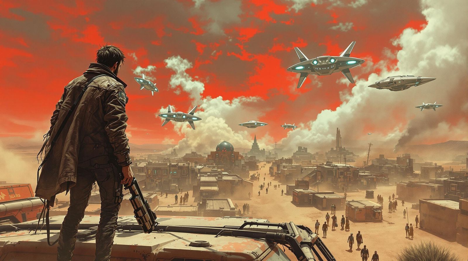 Dystopian Desert: Figure Gazing at Descending Spaceships