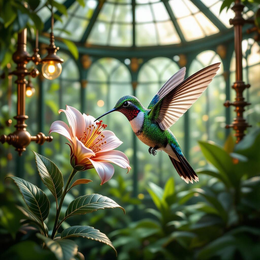 Clockwork Hummingbird in Steampunk Conservatory