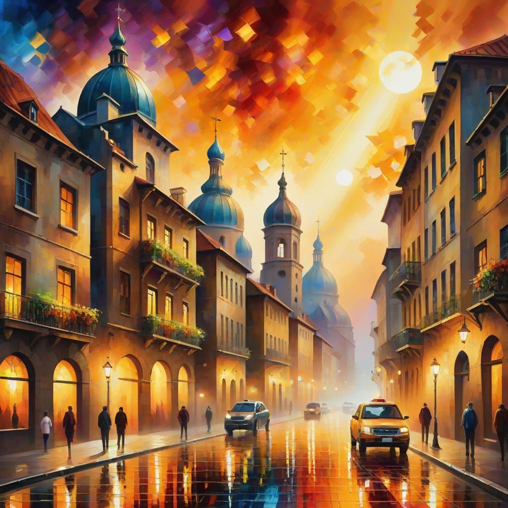 Celestial Cityscape with Golden Light