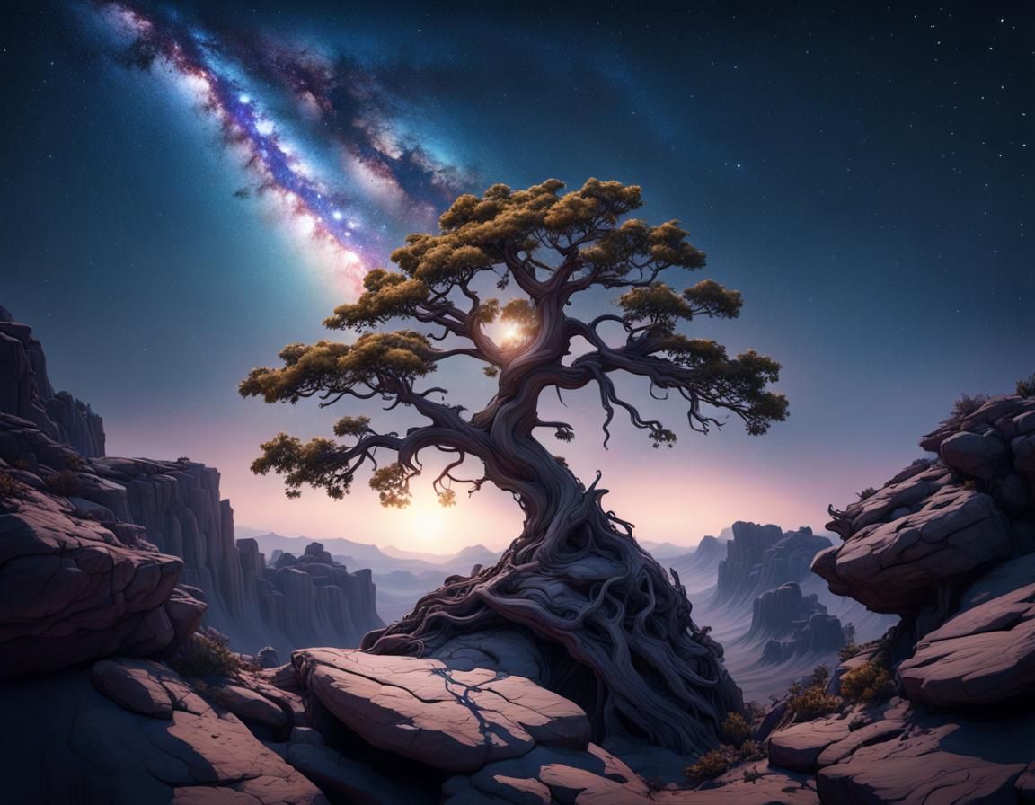 Gnarled Tree Under a Starry Sky