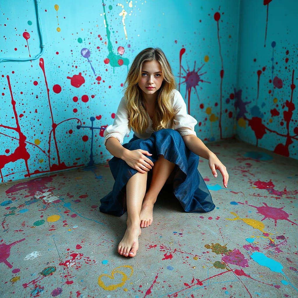Blonde Woman in Paint-Splashed Studio
