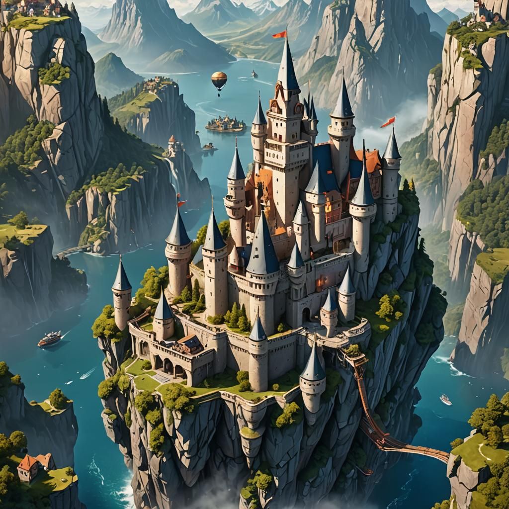 Fantasy Landscape with Floating Islands and Fortress