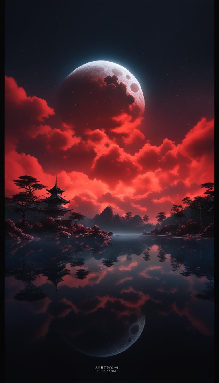 Lake Reflecting Tsukuyomi with Red Rain