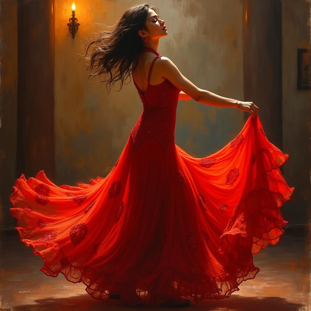 Spanish Girl Dancing Salsa in Red Gown