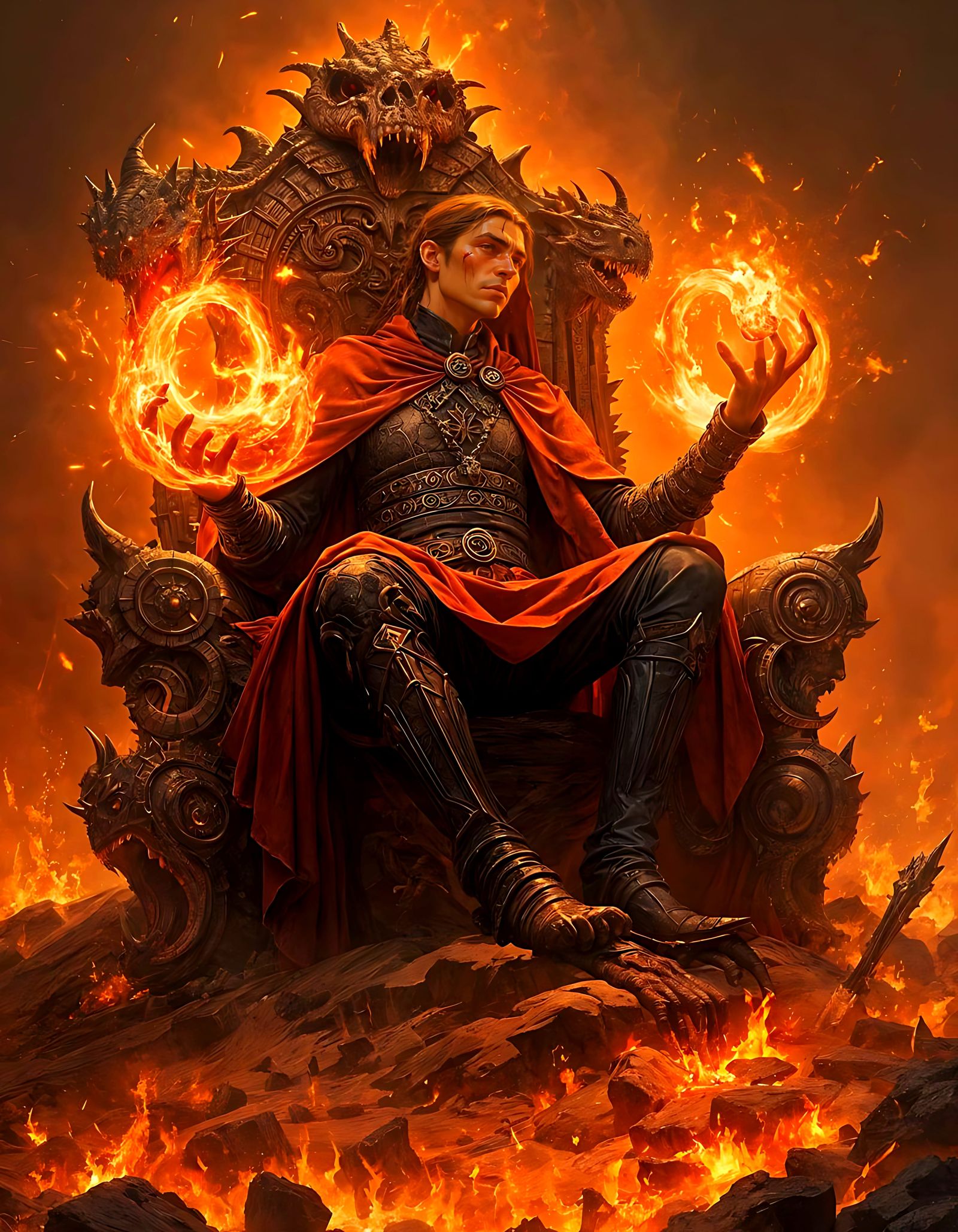 Fire Mage Conjuring Serpents on Skull Throne