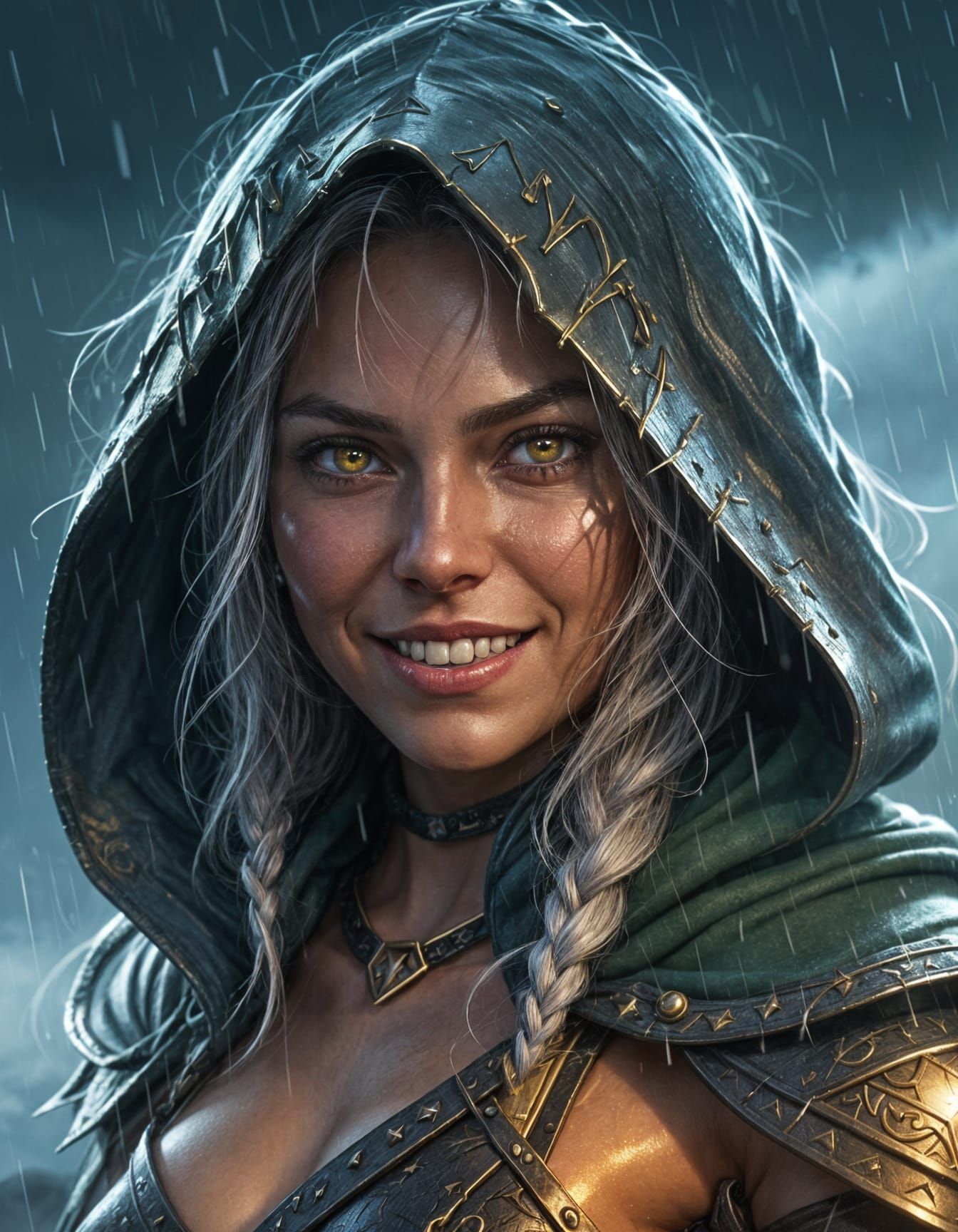 Hooded Warrior Woman: Strength in a Storm