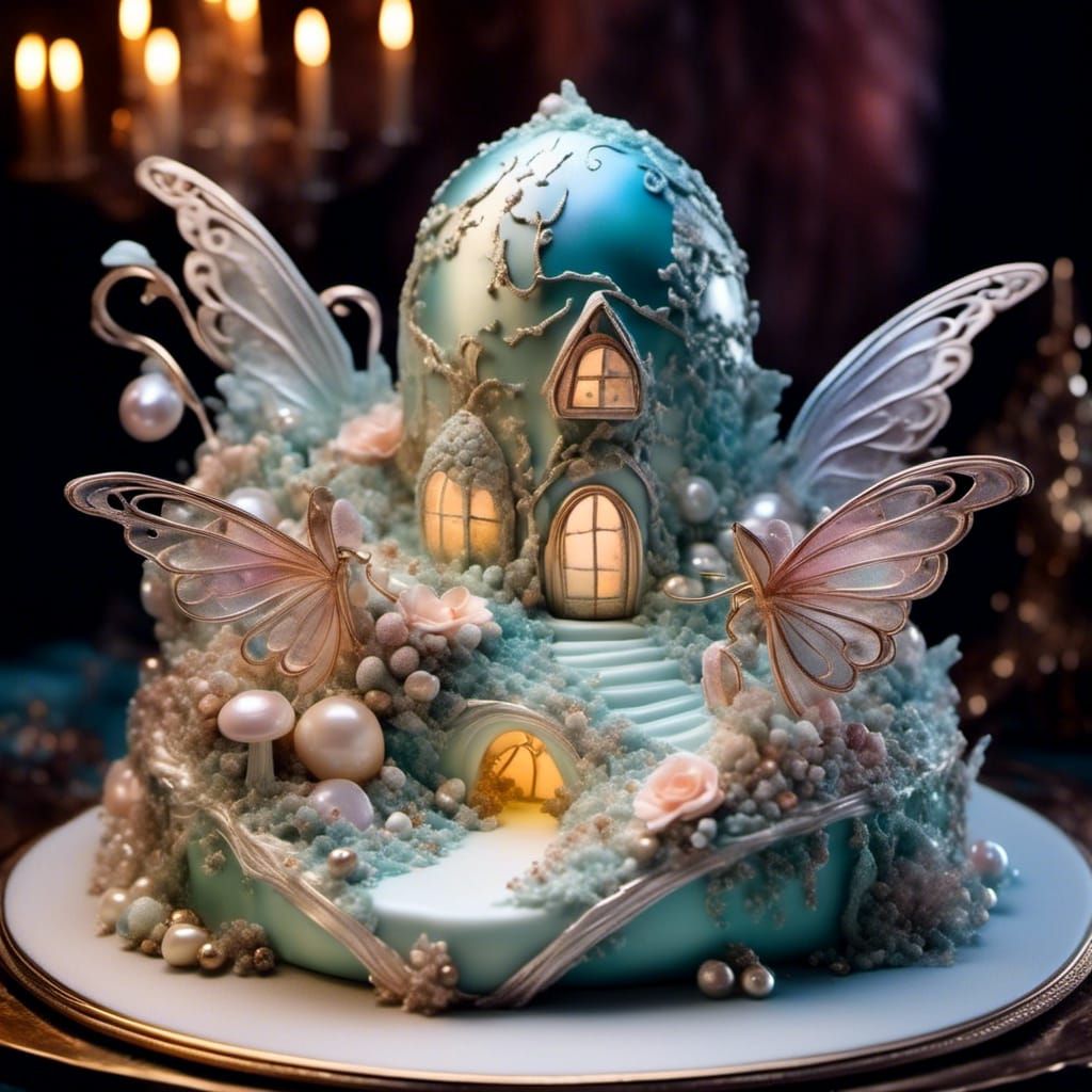 Elegant Fairy Village Cake with Iridescent Details