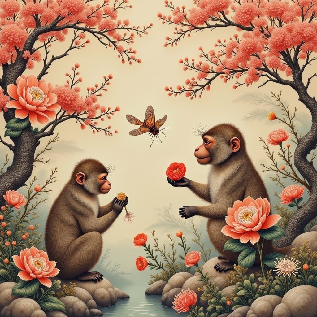 <lora:CHINESE EMBROIDERY:1.0> <lora:Japanese Garden 2:1.0> <lora:Japanese Spa Monkeys:1.0> <lora:CICADA SONG:1.0>