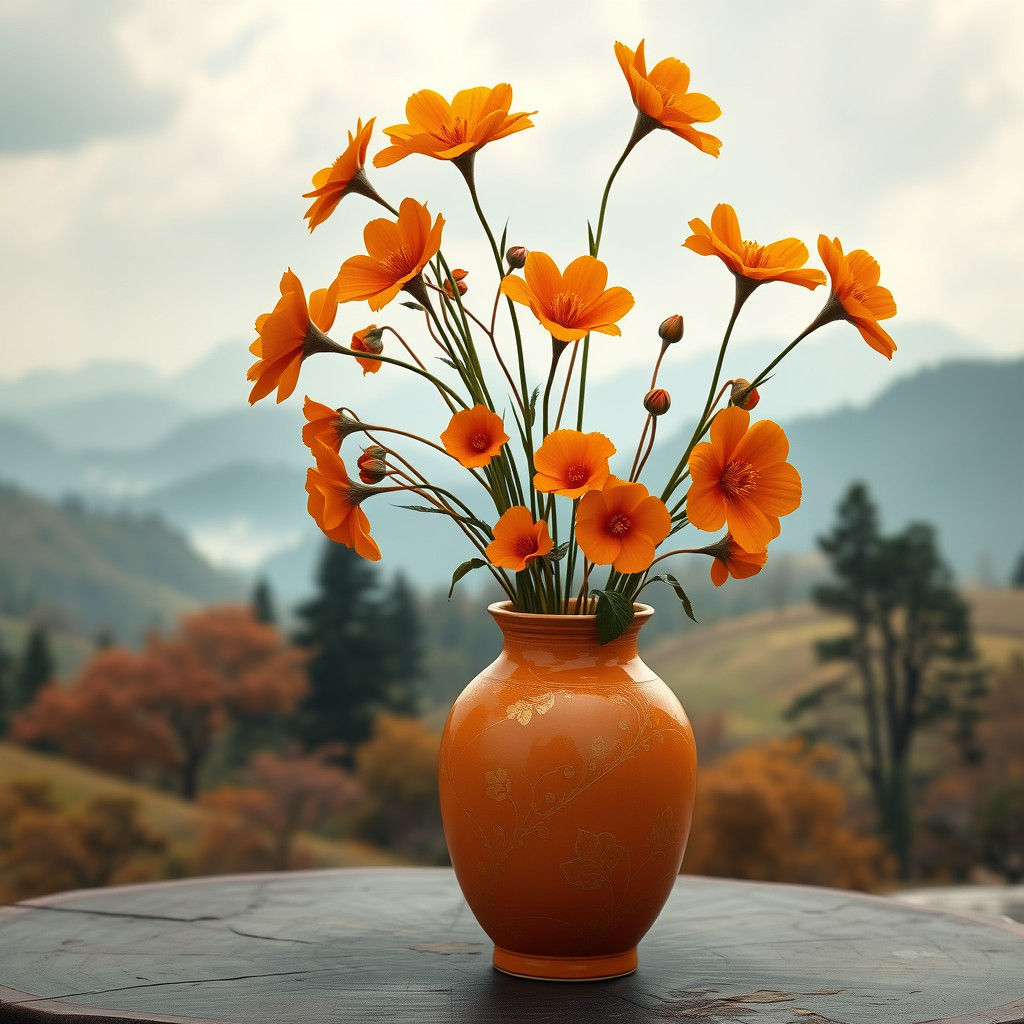 Orange Flowers in Vase: Fantasy Landscape Art