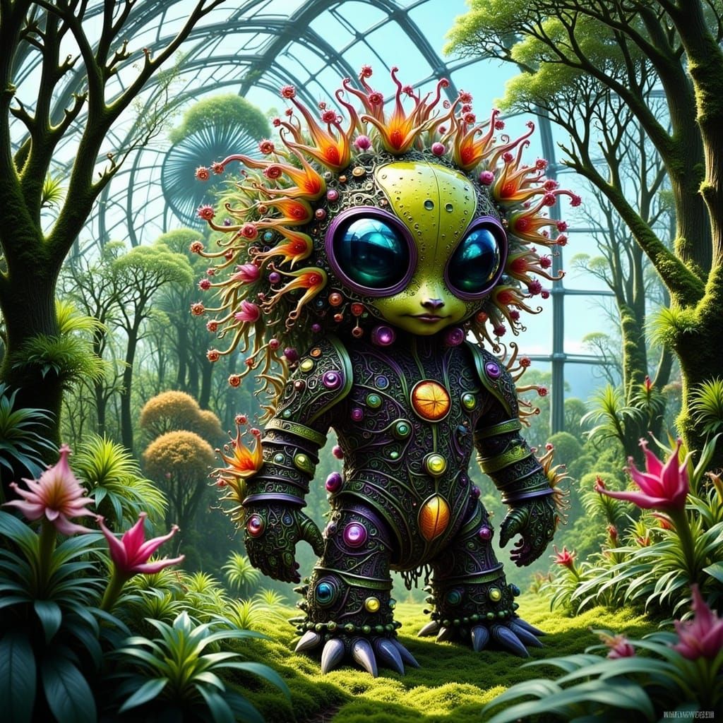 Adorable Robot in Alien Grove with Starship