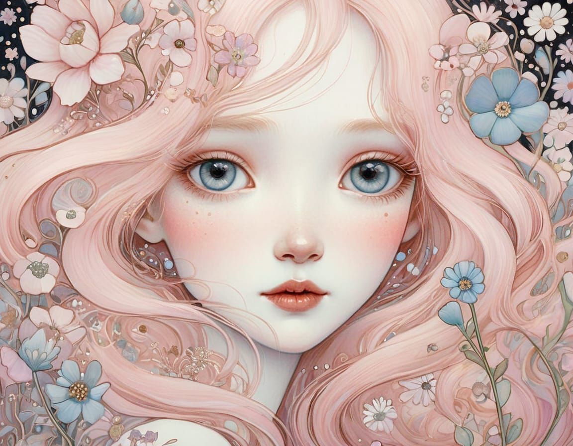 Delicate Pale Pink Wildflowers in Klimt Style