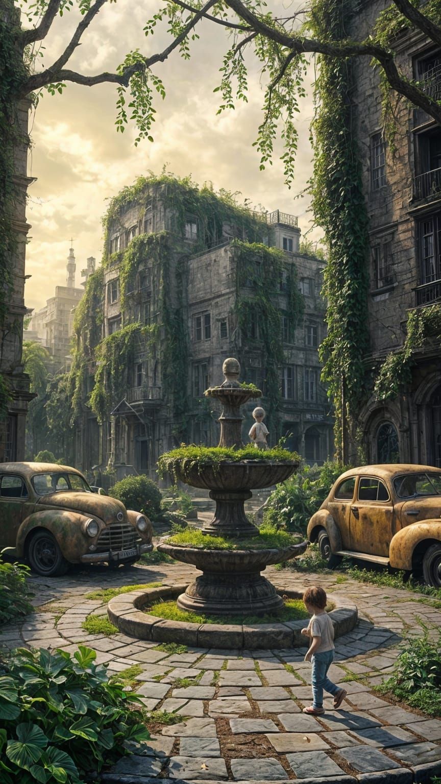 Overgrown City Square with Child and Rusted Cars