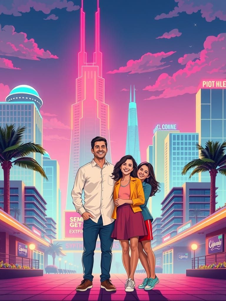 Radiant Family Amidst Retro-Futuristic Cityscape