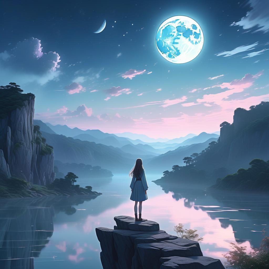 Anime Woman Overlooking Moonlit Lake
