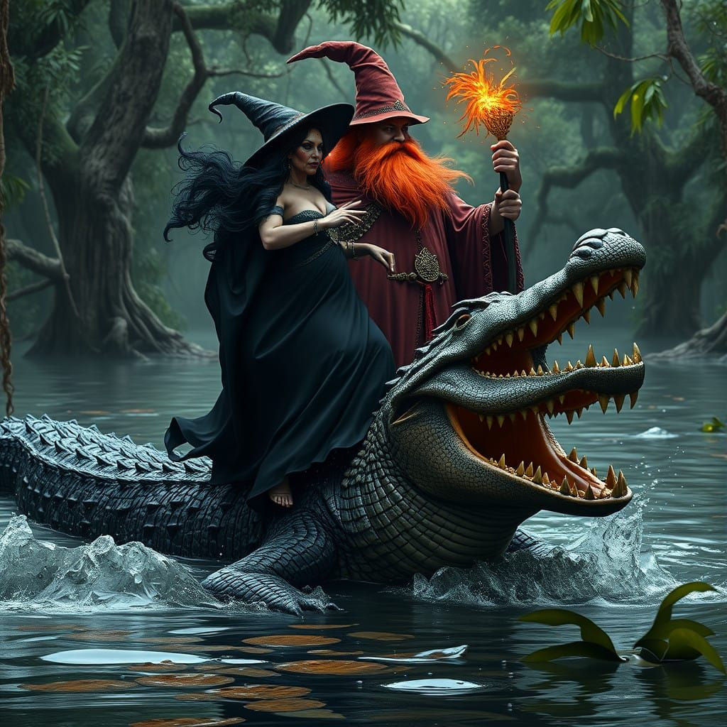 Mystical Duo Thrills on a Majestic Alligator