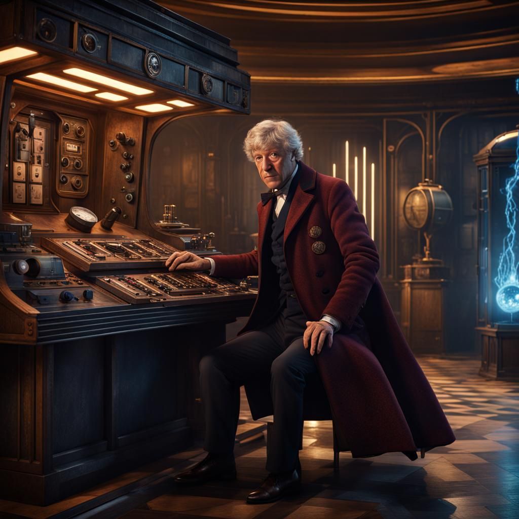 Third Doctor at TARDIS Console: Detailed Matte Painting