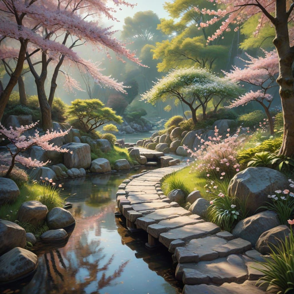 Surreal Japanese Garden Scene in Impressionist Style