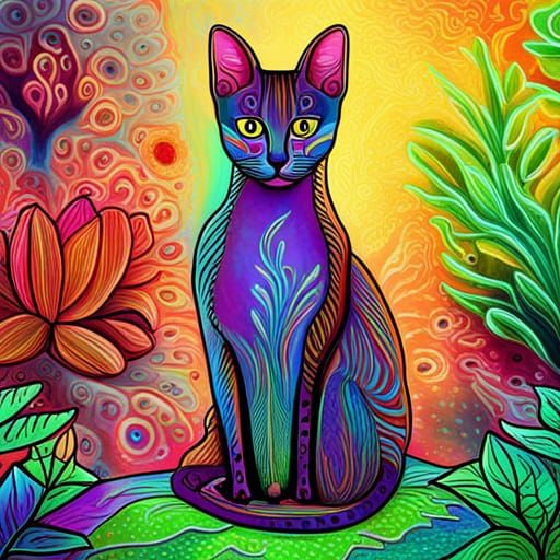 Oriental Cat Doing Yoga: Cosmic Illustration