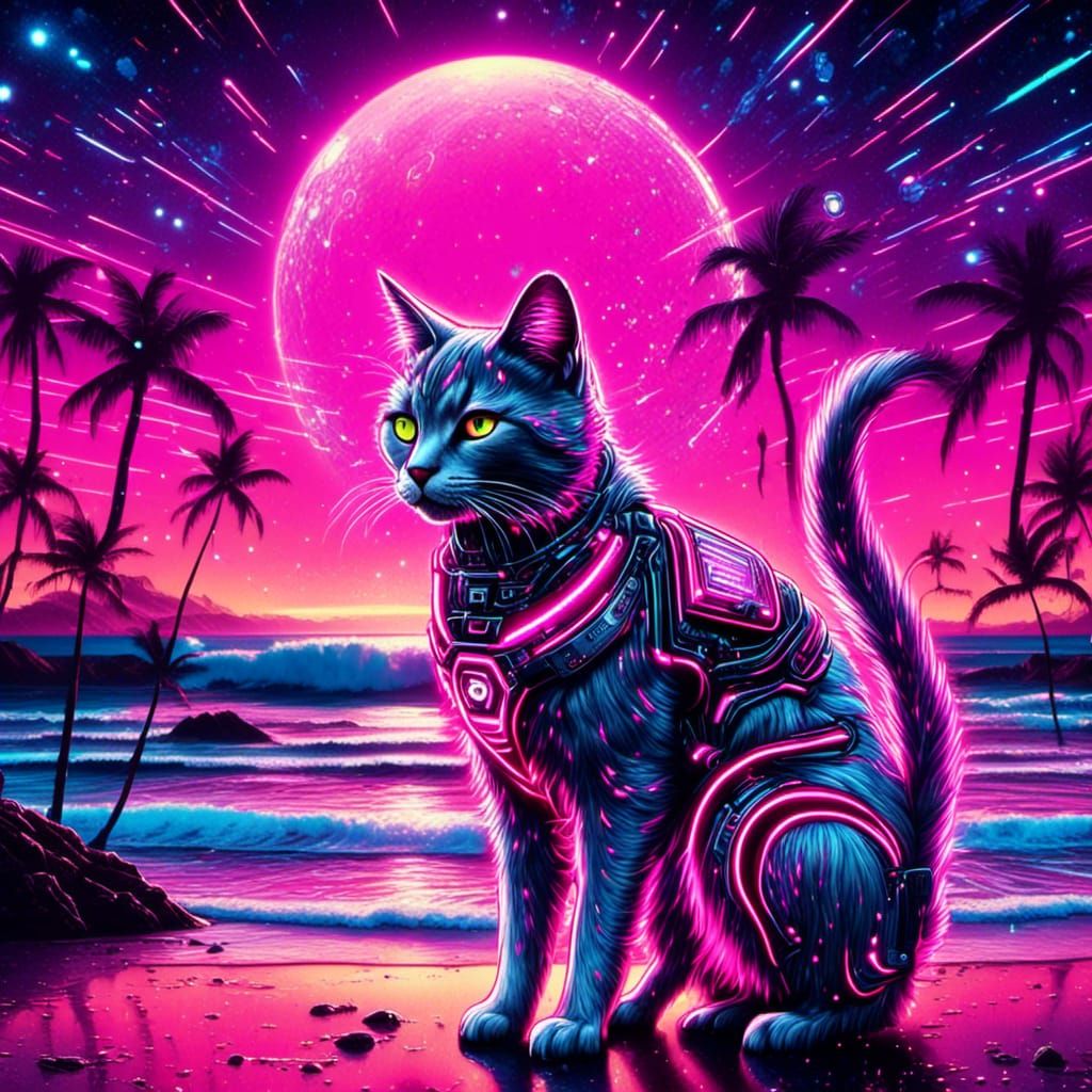 Cyberpunk Robocat on Starry Beach in Comic Art