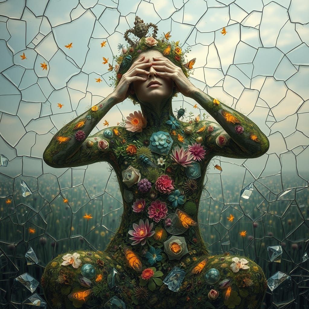 Bio-Art Collage: Weathered Prince in Ecosystem Landscape