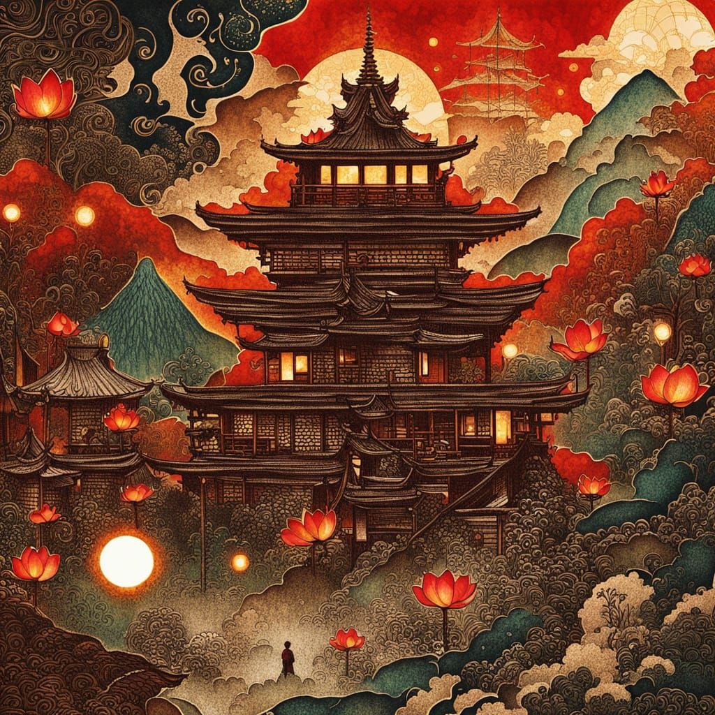 Glowing Lotus in Dark Forest: Anime Ink Wash Painting