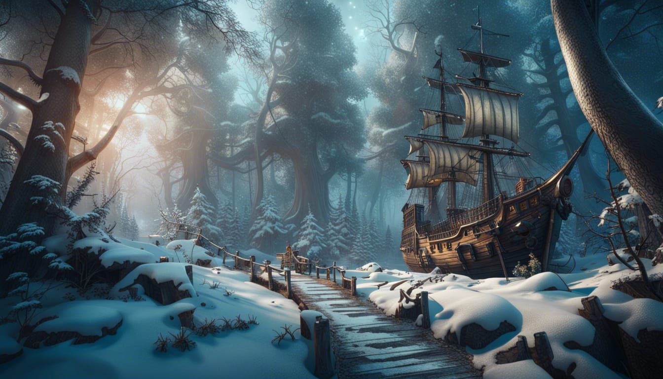 Pirate Ship Navigates Winter Forest Path