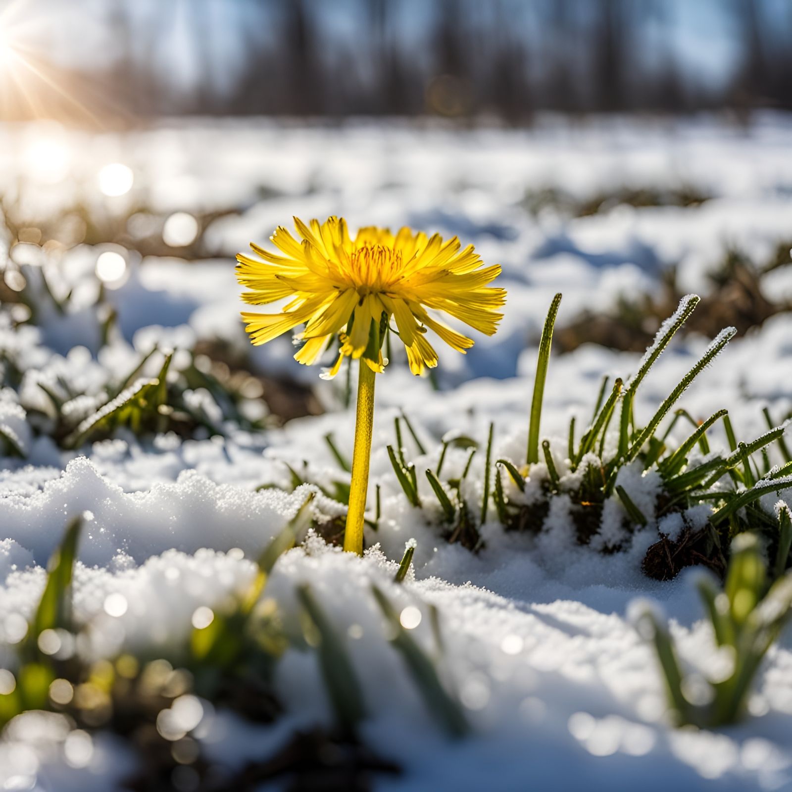 Spring Dandelion in Melting Snow: First Sunrays