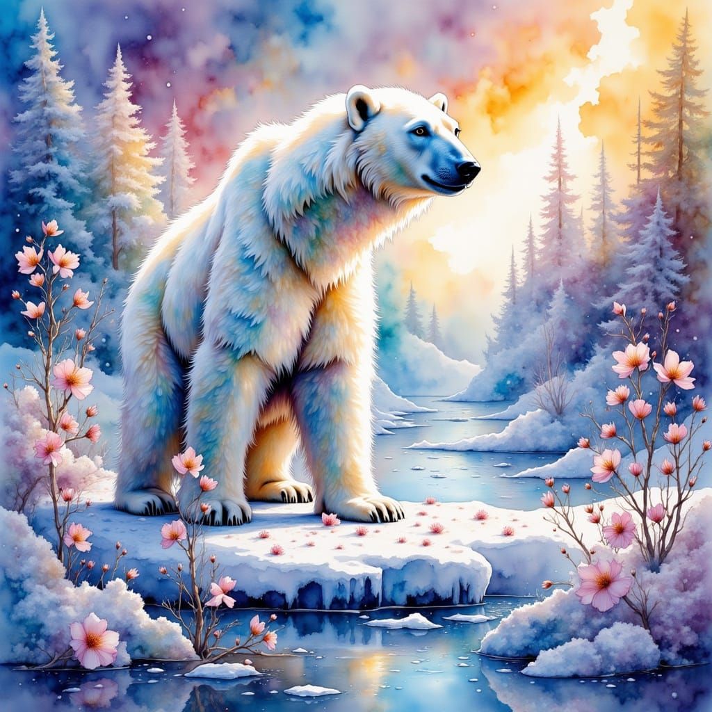 <lora:MrsH Watercolor:1.0> A majestic polar bear standing in its icy arctic habitat with vibrant colored prismatic beams...