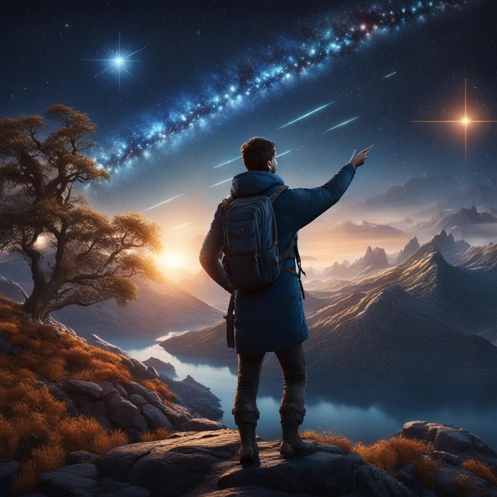 Person Points to North Star in Starry Sky