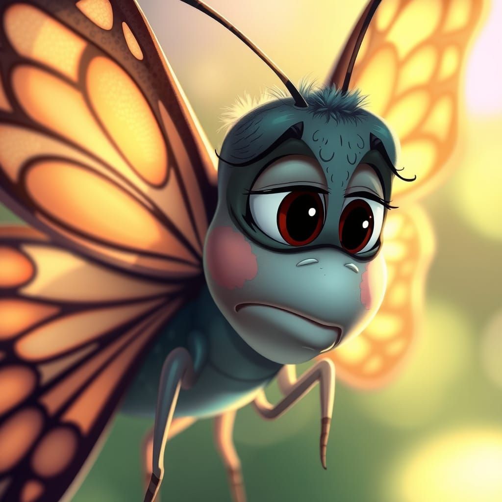 Confused Butterfly in Disney Pixar Cartoon Style