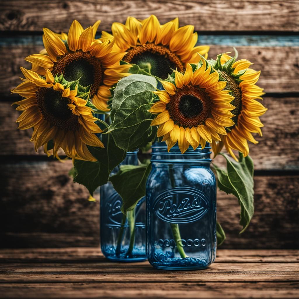 sunflower in blue jar