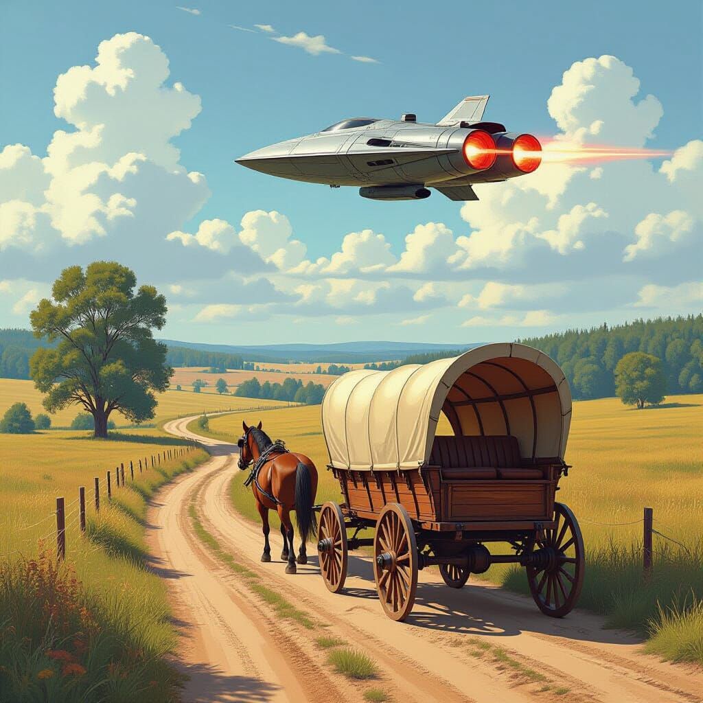Spaceship Ascends Over Horse Wagon on Rural Road