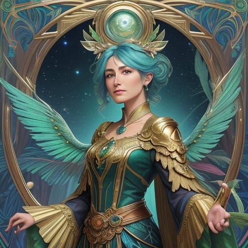 Bioluminescent Tanager in Art Nouveau Style