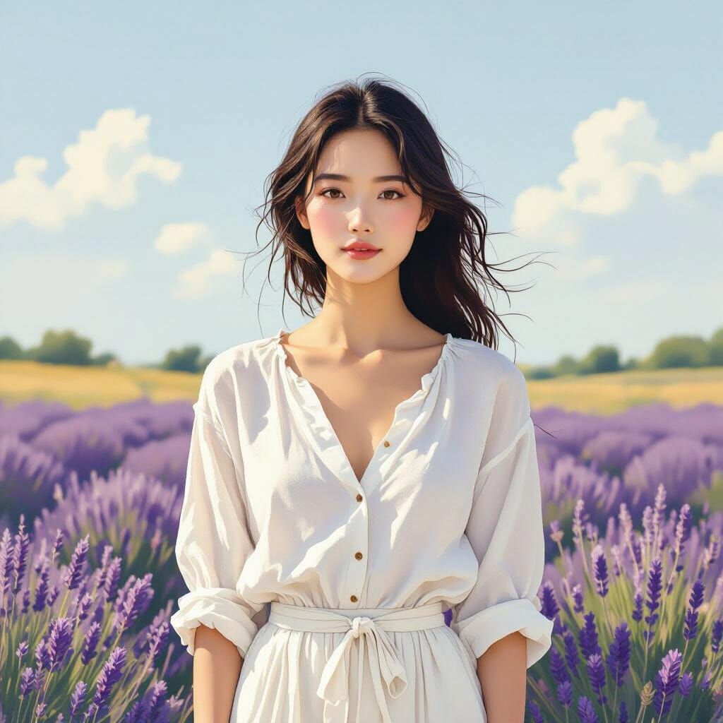 Girl in Lavender Field: Minimalist Watercolor Art