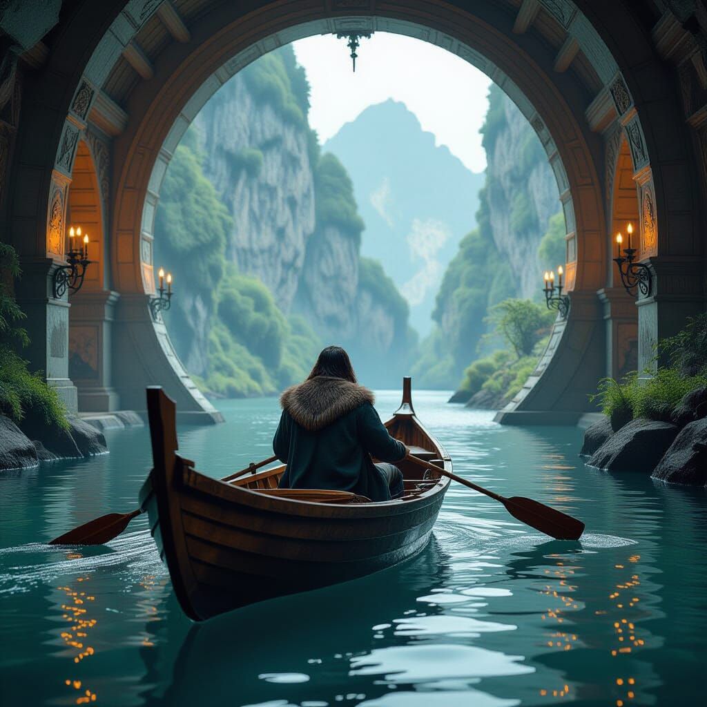 Man Rows Boat from Gallery to Vibrant Landscape