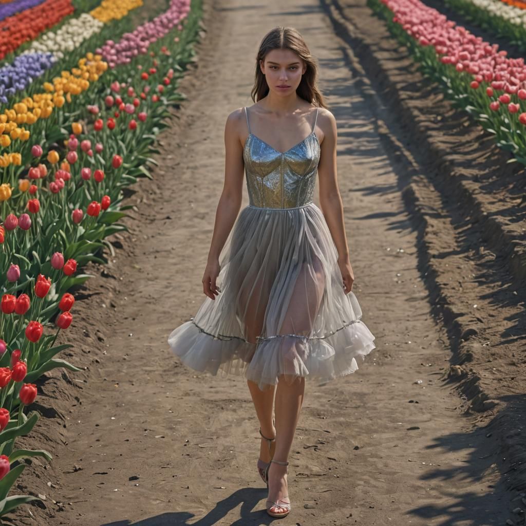 Girl in Tulle Dress Among Hyperrealistic Tulips