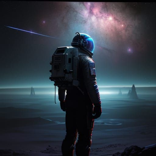 Astronaut on Desolate Planet Gazing at Nebulas