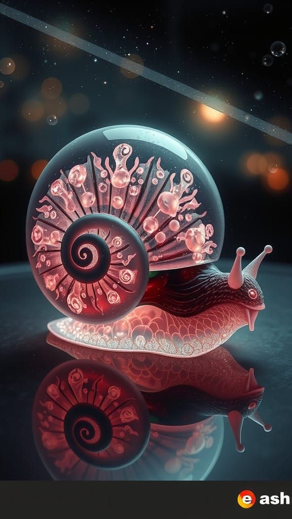 Glowing Pink Snail on Iridescent Sea Background