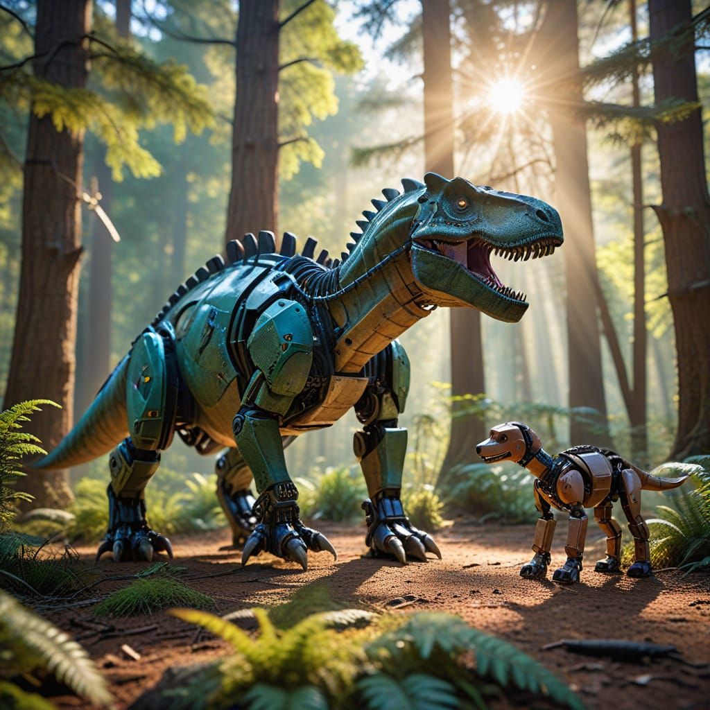 Dinosaur and Robot Dog in Forest: Wildlife Photography