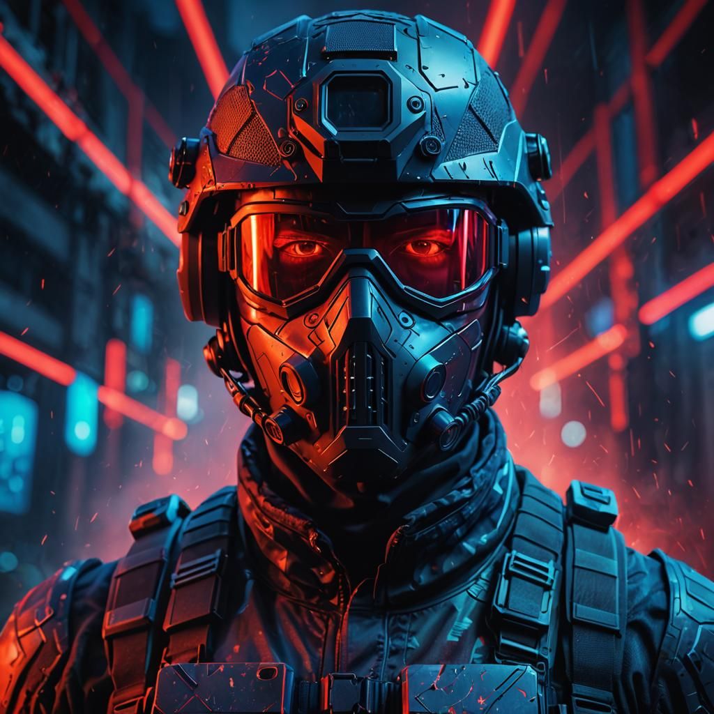Futuristic Soldier Portrait with Glowing Runes