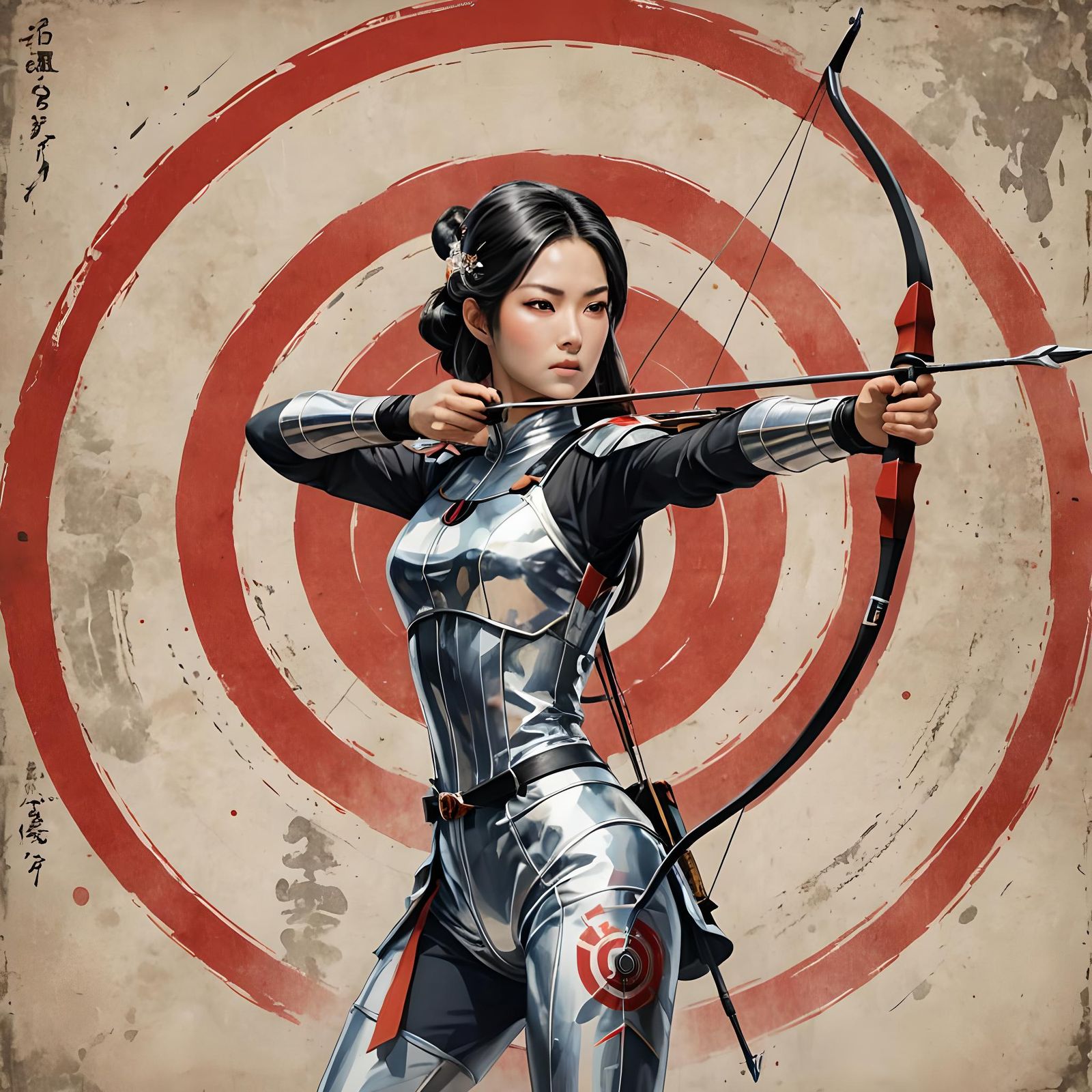 Anime Woman Practicing Japanese Archery in Washi Style