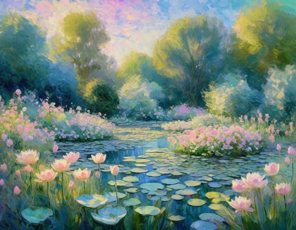 Impressionist Whimsical Garden Blooms Under Radiant Sky