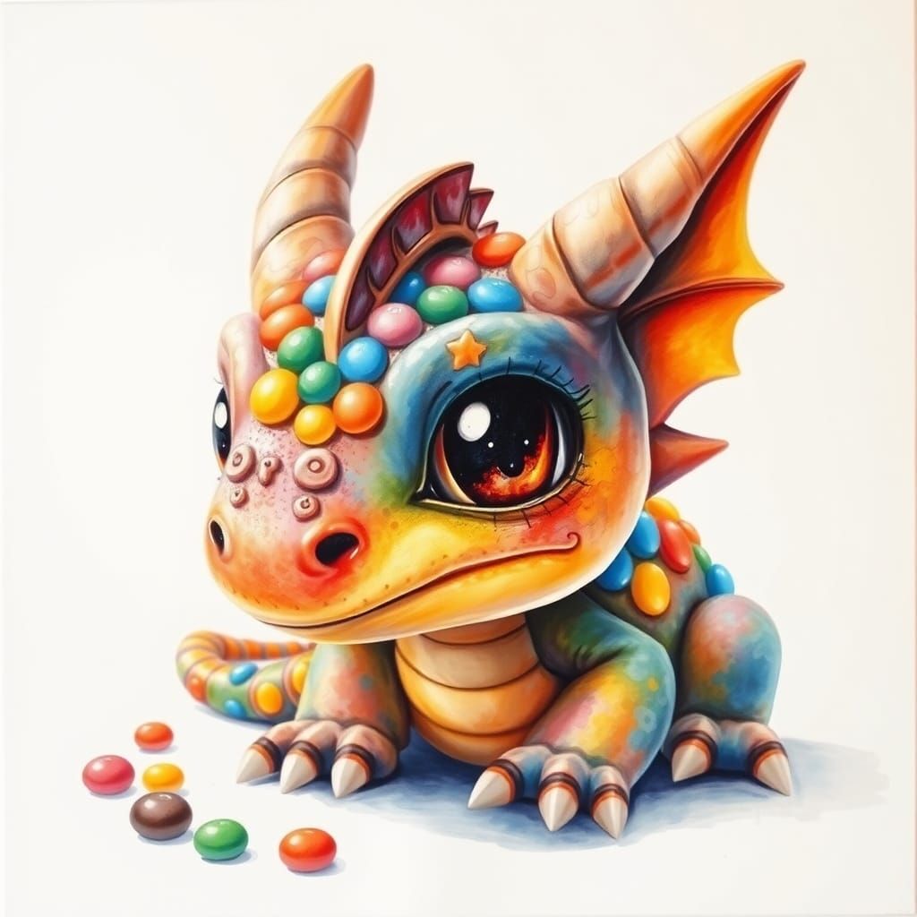 Colorful M&M Dragon in Gouache Watercolor Style