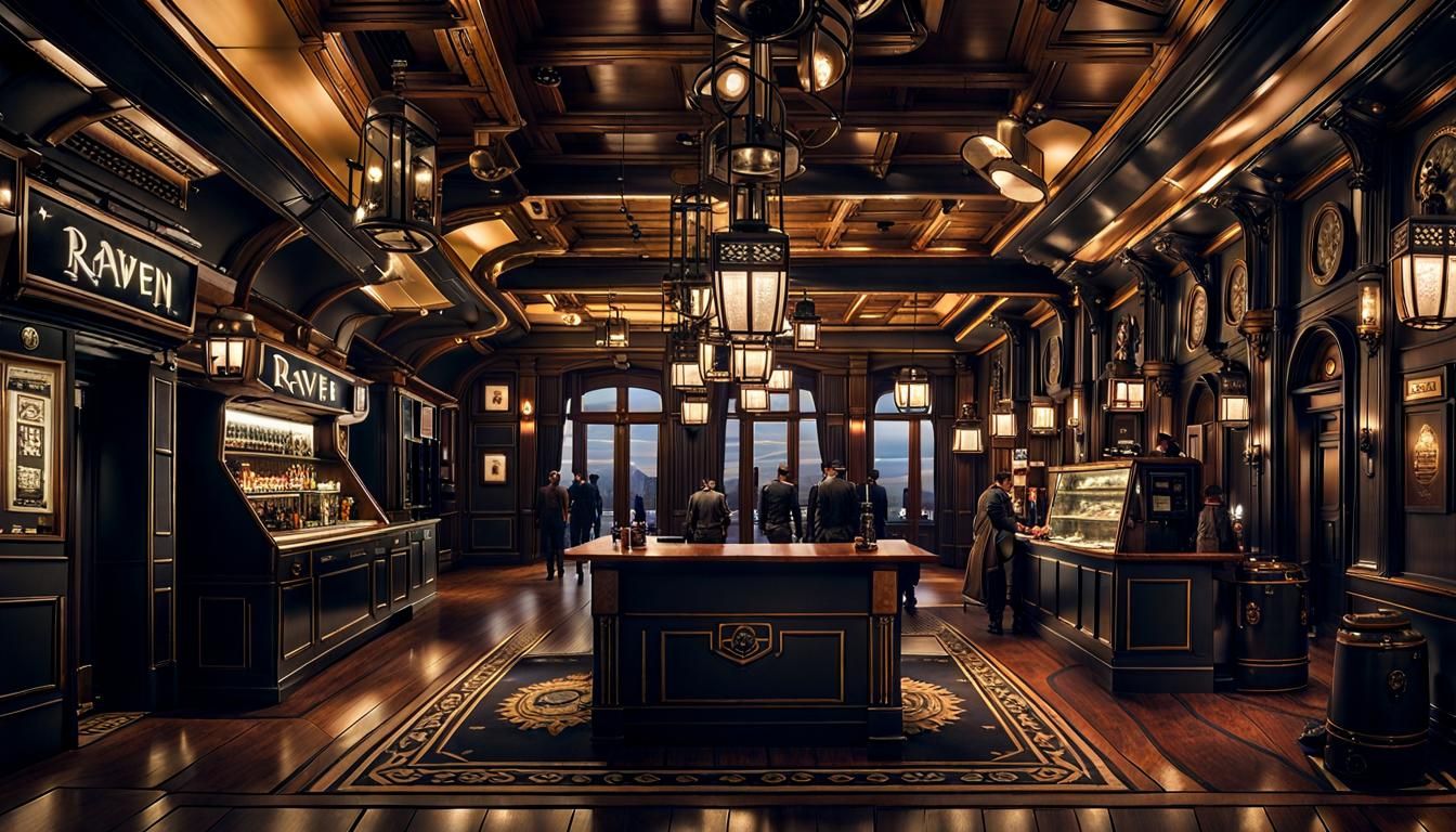 Cyberpunk Steampunk Hotel Lobby with Military Weapons