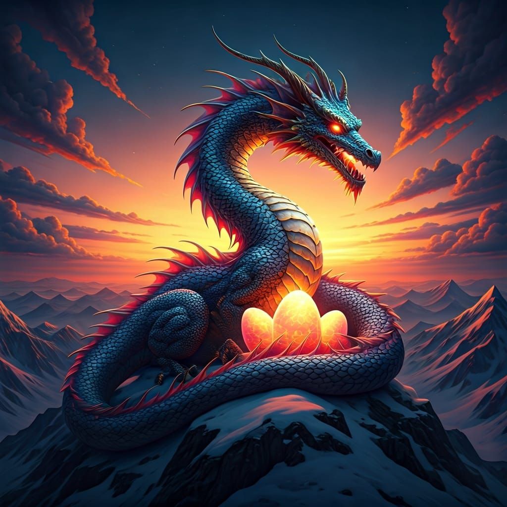 Bioluminescent Dragon Guarding Eggs on Mountain Peak