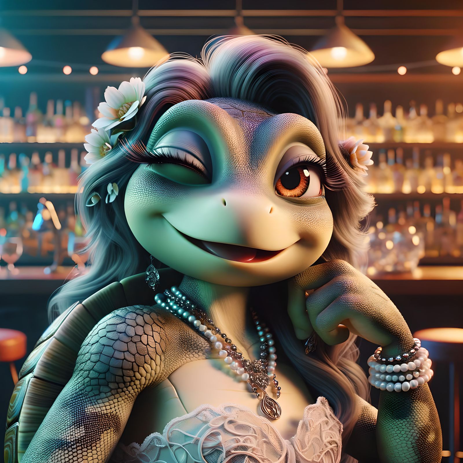 Charming Turtle Character in Lively Bar Scene